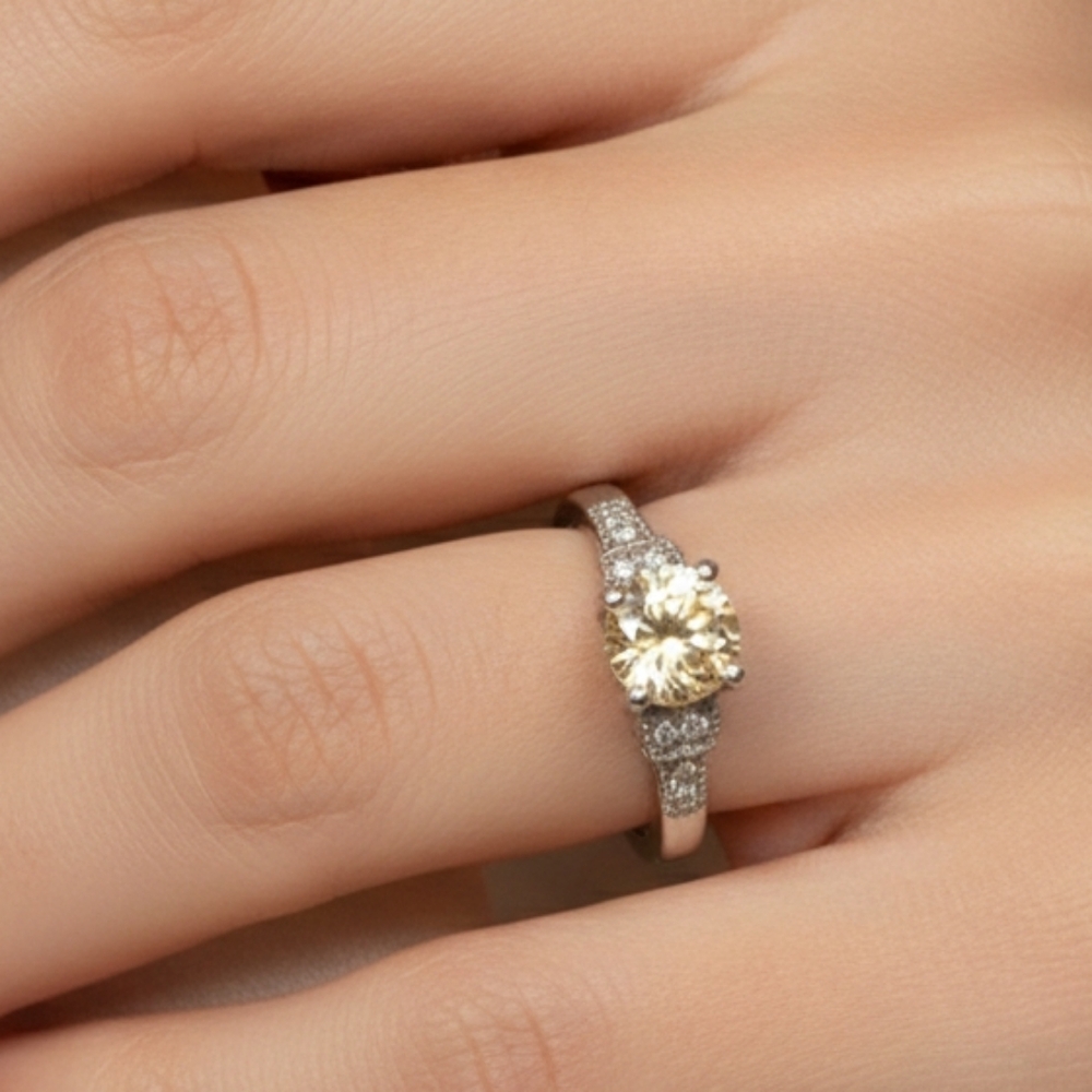 Silver Round Cut Champagne Solitaire Ring